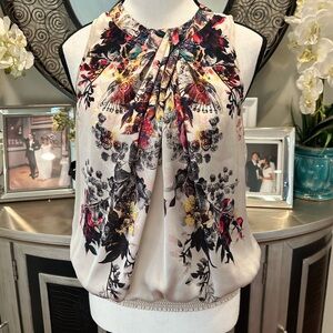 bebe Y2K Ivory Floral Pleated Halter Camisole